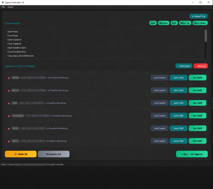 Agent Controller: a list of commands and networked machines with Live Control, Send CMD and Run CMD buttons