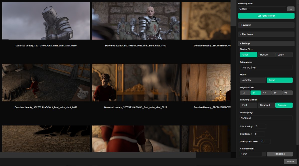 Image Sequence Viewer: a grid of rendered shots playing side by side, with playback and display settings