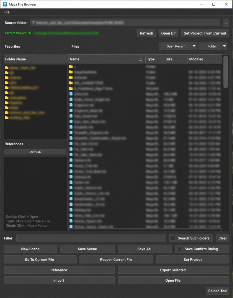 Maya Browser Window: favorites, file list, references and scene buttons in one panel inside Autodesk Maya